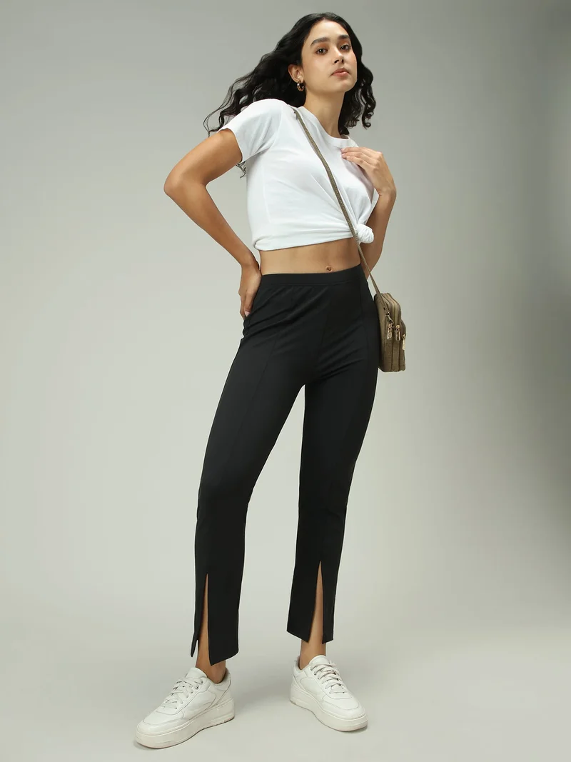 Outzidr  Black Front Slit Leggings for Women | Best Price UAE